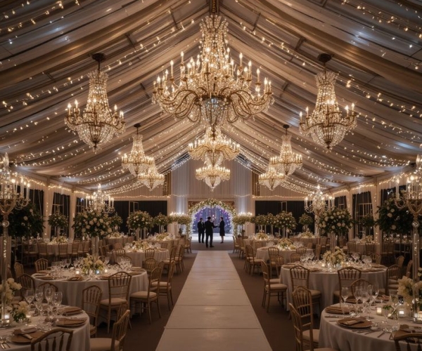 Magical Wedding Reception in a Marquee with Elegant Chandeliers