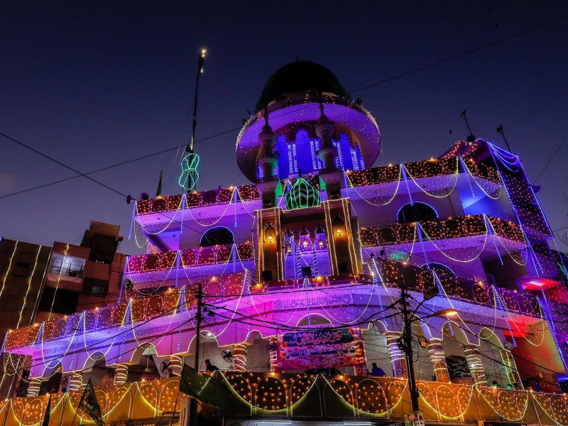 The birth anniversary of the Prophet Mohammad celebrated in Karachi A mosque is seen illuminated on the eve of the Eid-e-Milad-ul-Nabi, the birth anniversary of the Prophet Mohammad, in Karachi, Pakistan October 18, 2021. REUTERS/Akhtar Soomro